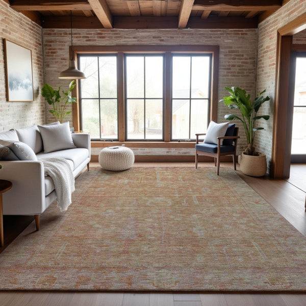 HomeRoots 10' X 14' Coral and Beige Oriental Washable Area Rug - Stylish, Durable, UV-Protected for Homes 686060
