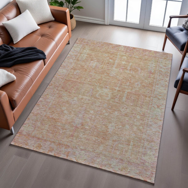HomeRoots 10' X 14' Coral and Beige Oriental Washable Area Rug - Stylish, Durable, UV-Protected for Homes 686060