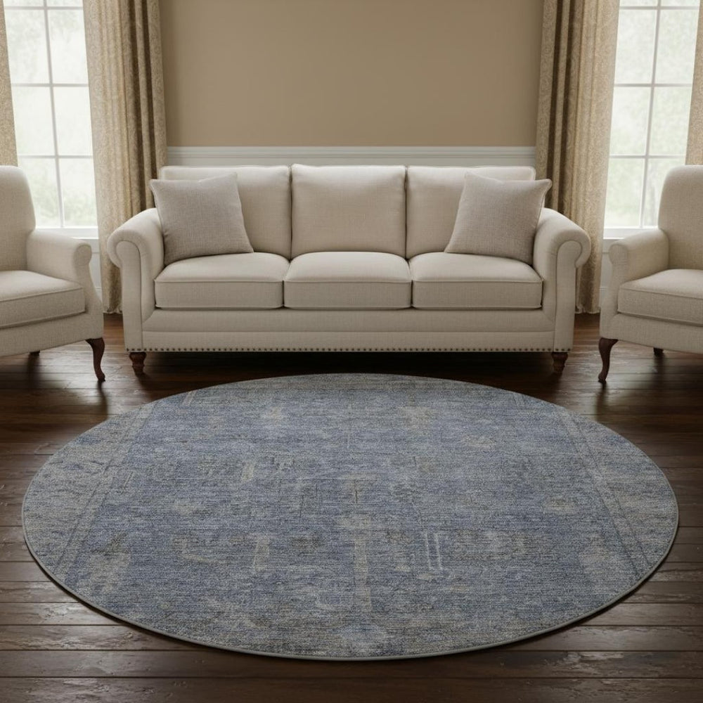 HomeRoots 8' Denim Blue and Gray Round Rug - Washable, UV Protected, Stain Resistant, Perfect for High Traffic Areas 686063