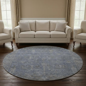 HomeRoots 8' Denim Blue and Gray Round Rug - Washable, UV Protected, Stain Resistant, Perfect for High Traffic Areas 686063