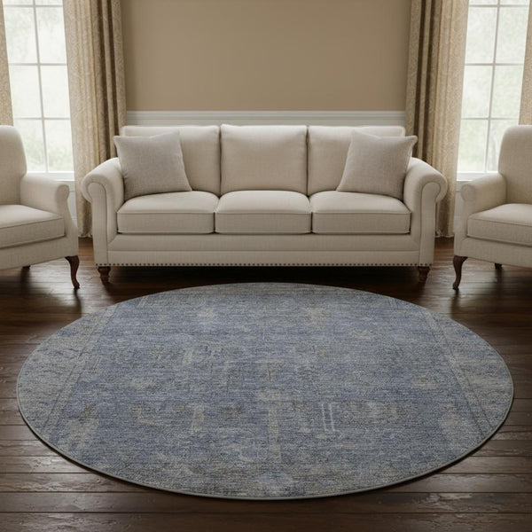 HomeRoots 8' Denim Blue and Gray Round Rug - Washable, UV Protected, Stain Resistant, Perfect for High Traffic Areas 686063