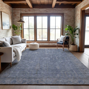 HomeRoots 10' X 14' Denim Blue and Gray Oriental Area Rug - Washable, UV-Protected, Pet-Friendly Elegance! 686066