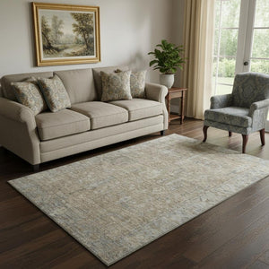 HomeRoots 5' Tan Beige and Gray Oriental Area Rug – Washable, UV Protected, Stain Resistant for Homes with Kids 686068