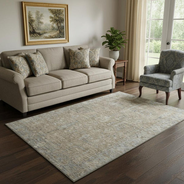 HomeRoots 5' Tan Beige and Gray Oriental Area Rug – Washable, UV Protected, Stain Resistant for Homes with Kids 686068