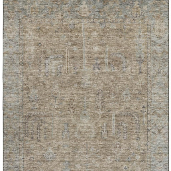 HomeRoots 5' Tan Beige and Gray Oriental Area Rug – Washable, UV Protected, Stain Resistant for Homes with Kids 686068