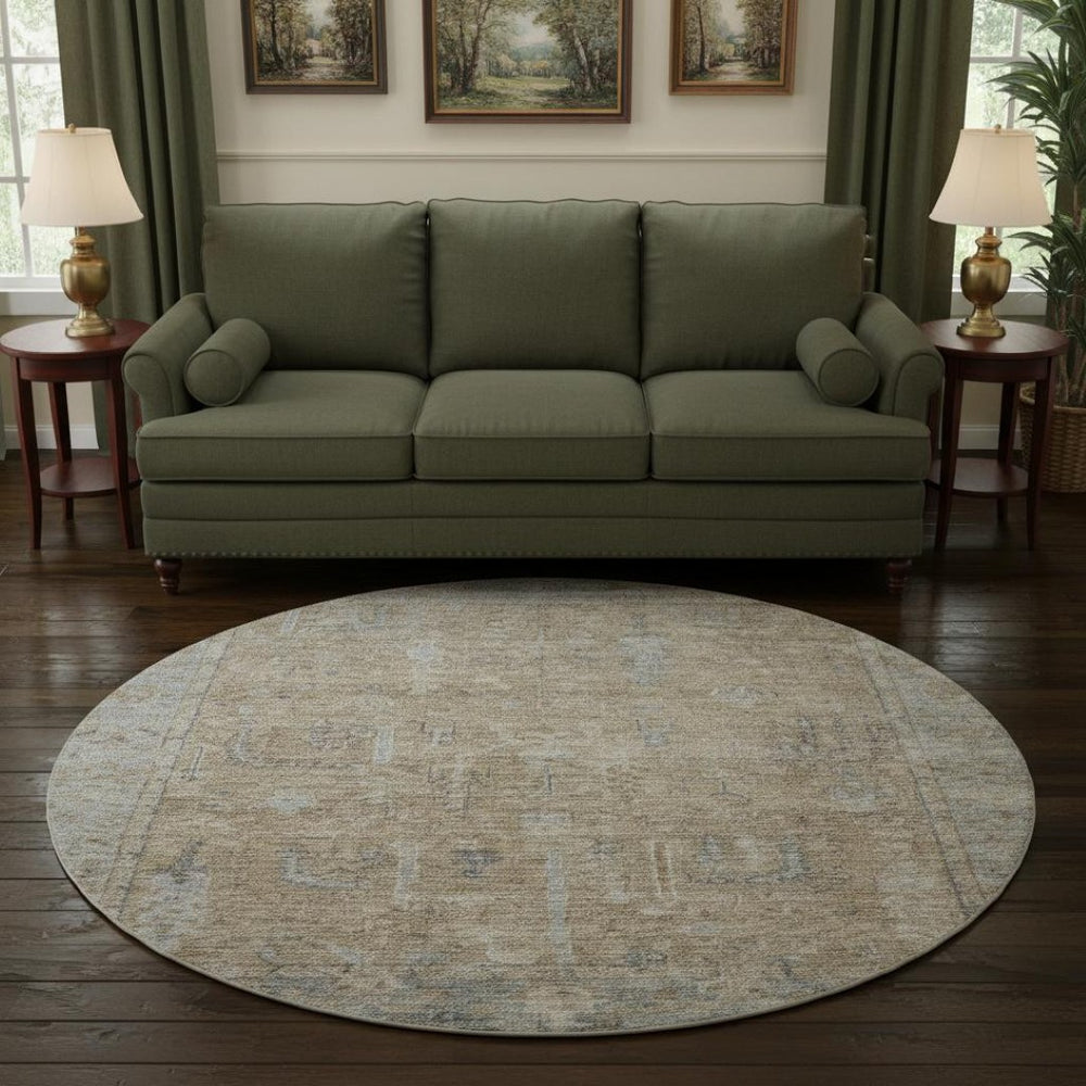 HomeRoots 8' Tan Beige and Gray Oriental Round Rug - Washable, UV Protected, Stain Resistant for High Traffic Areas 686069