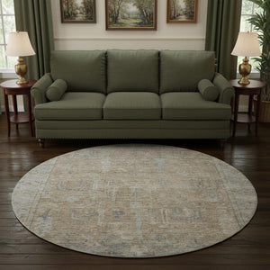 HomeRoots 8' Tan Beige and Gray Oriental Round Rug - Washable, UV Protected, Stain Resistant for High Traffic Areas 686069