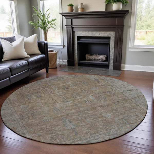 HomeRoots 8' Tan Beige and Gray Oriental Round Rug - Washable, UV Protected, Stain Resistant for High Traffic Areas 686069
