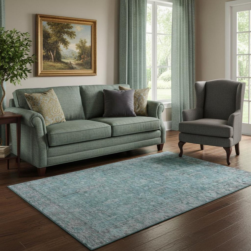 HomeRoots 5' X 8' Teal and Gray Oriental Area Rug - Stylish, Stain-Resistant, UV-Protected for High-Traffic Spaces 686074