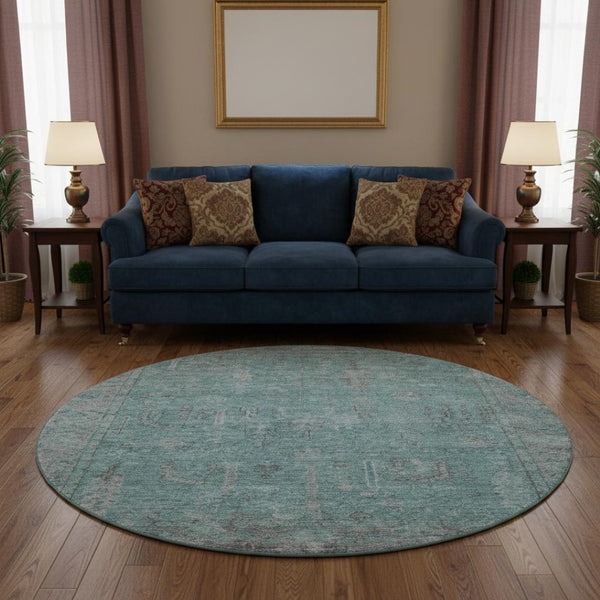 HomeRoots 8' Teal and Gray Oriental Round Rug - Washable, UV-Protected, Stain-Resistant for Busy Homes 686075