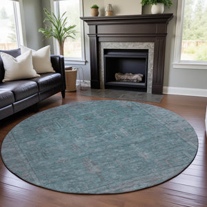 HomeRoots 8' Teal and Gray Oriental Round Rug - Washable, UV-Protected, Stain-Resistant for Busy Homes 686075