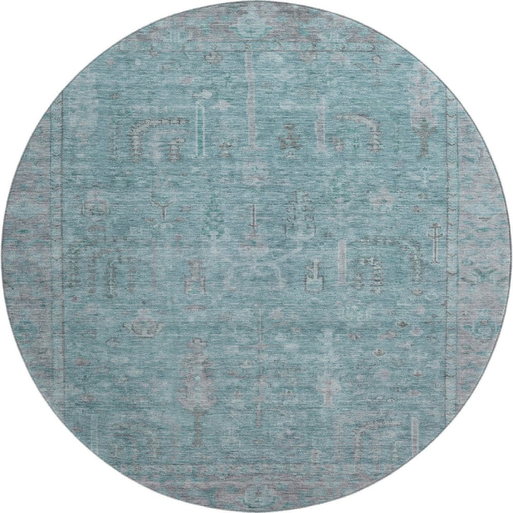 HomeRoots 8' Teal and Gray Oriental Round Rug - Washable, UV-Protected, Stain-Resistant for Busy Homes 686075