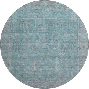 HomeRoots 8' Teal and Gray Oriental Round Rug - Washable, UV-Protected, Stain-Resistant for Busy Homes 686075