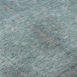 HomeRoots 8' Teal and Gray Oriental Round Rug - Washable, UV-Protected, Stain-Resistant for Busy Homes 686075