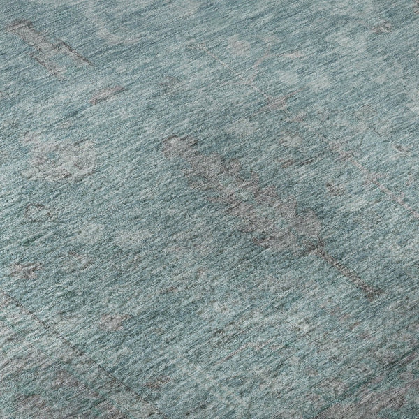 HomeRoots 8' Teal and Gray Oriental Round Rug - Washable, UV-Protected, Stain-Resistant for Busy Homes 686075