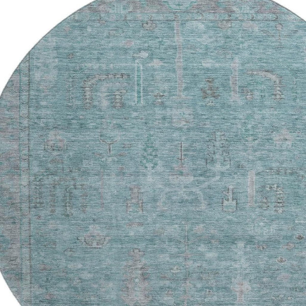HomeRoots 8' Teal and Gray Oriental Round Rug - Washable, UV-Protected, Stain-Resistant for Busy Homes 686075