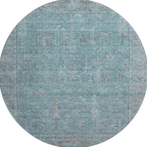 HomeRoots 8' Teal and Gray Oriental Round Rug - Washable, UV-Protected, Stain-Resistant for Busy Homes 686075