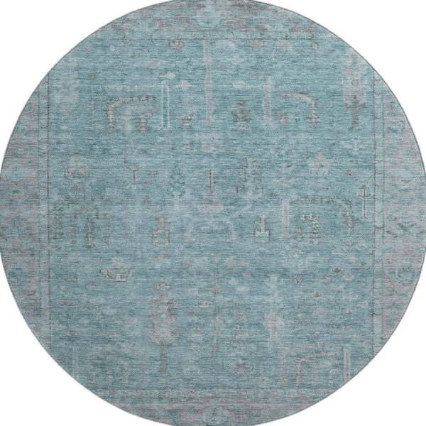 HomeRoots 8' Teal and Gray Oriental Round Rug - Washable, UV-Protected, Stain-Resistant for Busy Homes 686075
