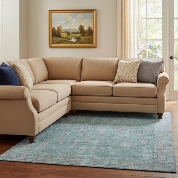 HomeRoots 8' X 10' Teal and Gray Oriental Area Rug - Washable, UV-Protected, Durable for High-Traffic Spaces 686076