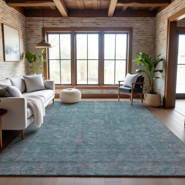 HomeRoots 8' X 10' Teal and Gray Oriental Area Rug - Washable, UV-Protected, Durable for High-Traffic Spaces 686076