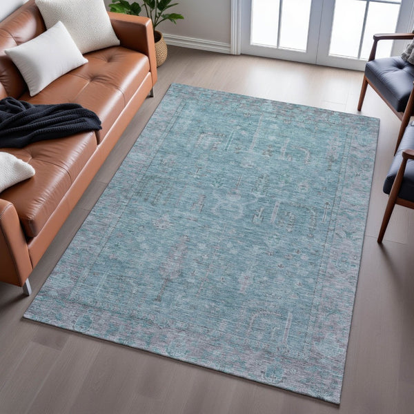 HomeRoots 8' X 10' Teal and Gray Oriental Area Rug - Washable, UV-Protected, Durable for High-Traffic Spaces 686076