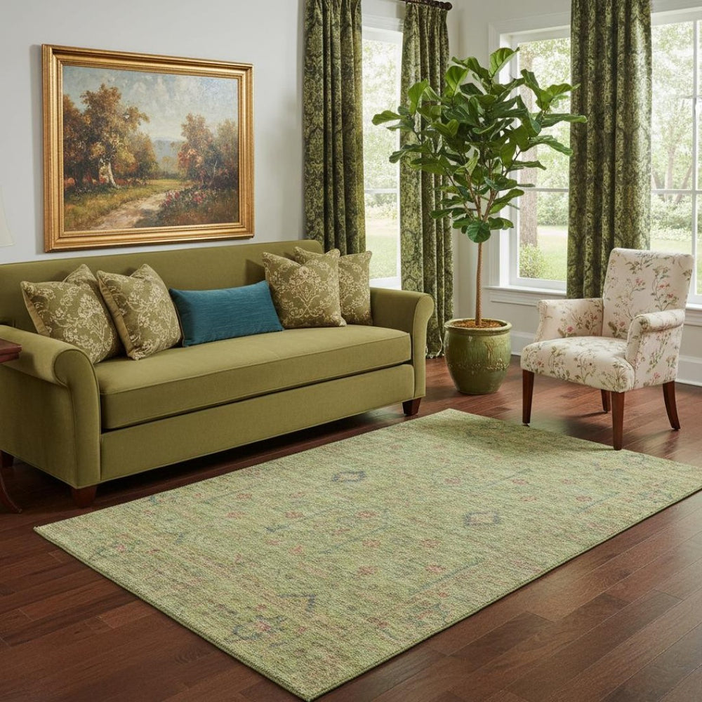 HomeRoots 5' X 8' Artichoke Green Floral Area Rug - Washable, Stain-Resistant, UV Protected for Home Style 686080