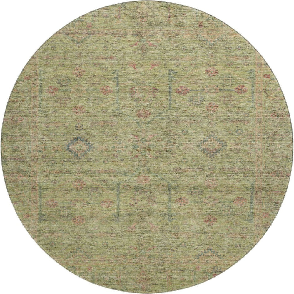 HomeRoots 8' Stylish Floral Washable Round Rug in Artichoke Green, Coral & Gray - Durable & UV Protected! 686081