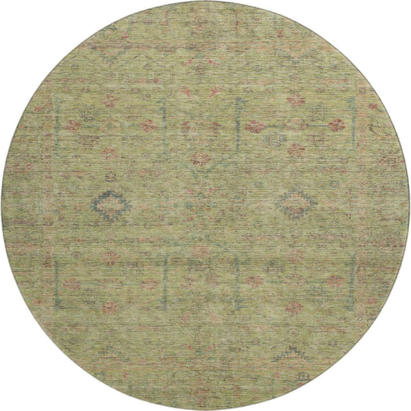 HomeRoots 8' Stylish Floral Washable Round Rug in Artichoke Green, Coral & Gray - Durable & UV Protected! 686081