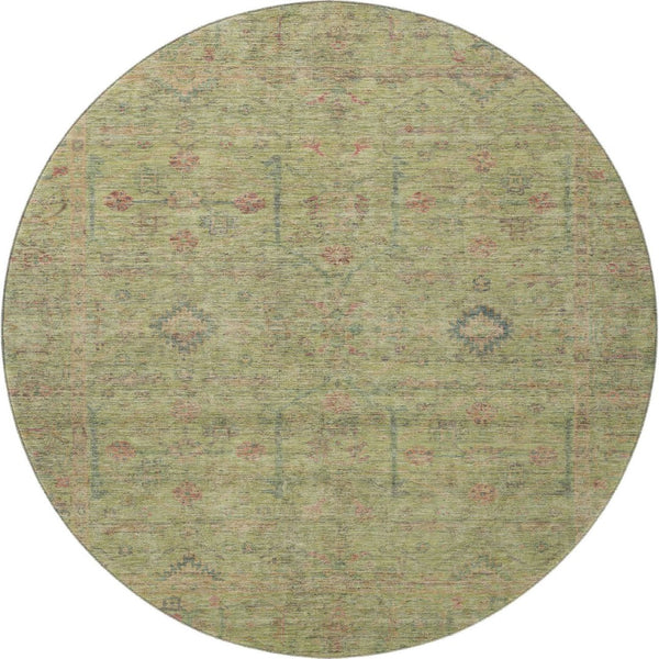 HomeRoots 8' Stylish Floral Washable Round Rug in Artichoke Green, Coral & Gray - Durable & UV Protected! 686081
