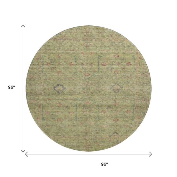 HomeRoots 8' Stylish Floral Washable Round Rug in Artichoke Green, Coral & Gray - Durable & UV Protected! 686081