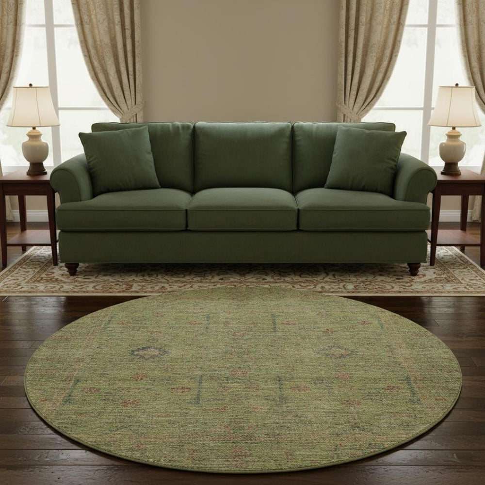 HomeRoots 8' Stylish Floral Washable Round Rug in Artichoke Green, Coral & Gray - Durable & UV Protected! 686081