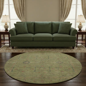 HomeRoots 8' Stylish Floral Washable Round Rug in Artichoke Green, Coral & Gray - Durable & UV Protected! 686081