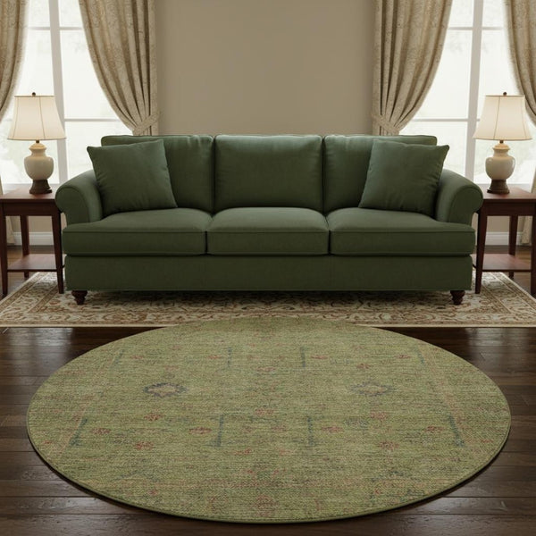 HomeRoots 8' Stylish Floral Washable Round Rug in Artichoke Green, Coral & Gray - Durable & UV Protected! 686081
