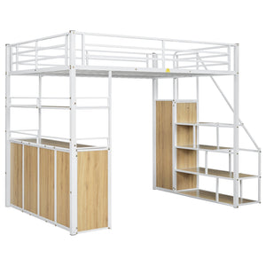 English Elm Full Size Metal Loft Bed with Desk, Storage Staircase, Wardrobe & Shelves — Space-Saving White GX002219AAK