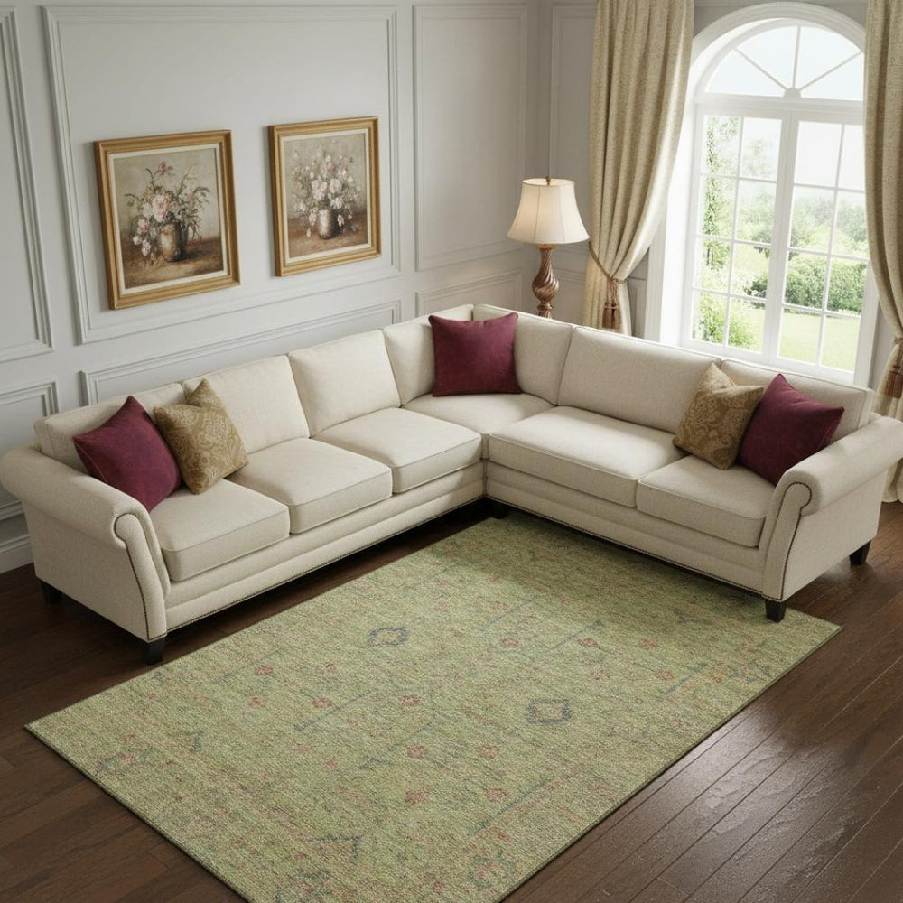 HomeRoots 9' X 12' Washable Floral Area Rug in Artichoke Green, Coral & Gray – UV Protected for Home Durability 686083