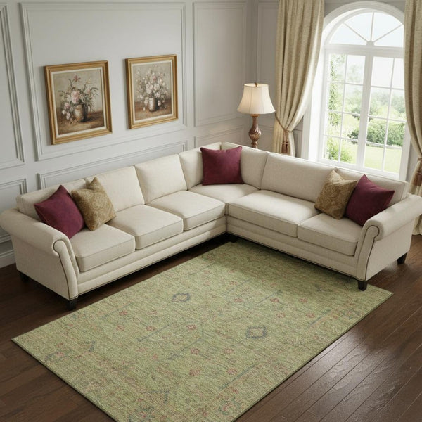 HomeRoots 9' X 12' Washable Floral Area Rug in Artichoke Green, Coral & Gray – UV Protected for Home Durability 686083