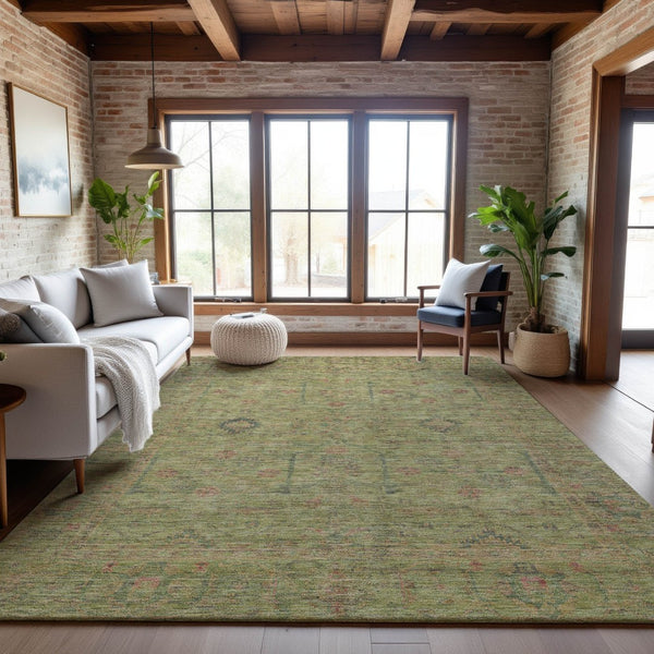 HomeRoots 10' X 14' Artichoke Green Floral Area Rug – Stylish Washable Design with UV Protection for Durability 686084