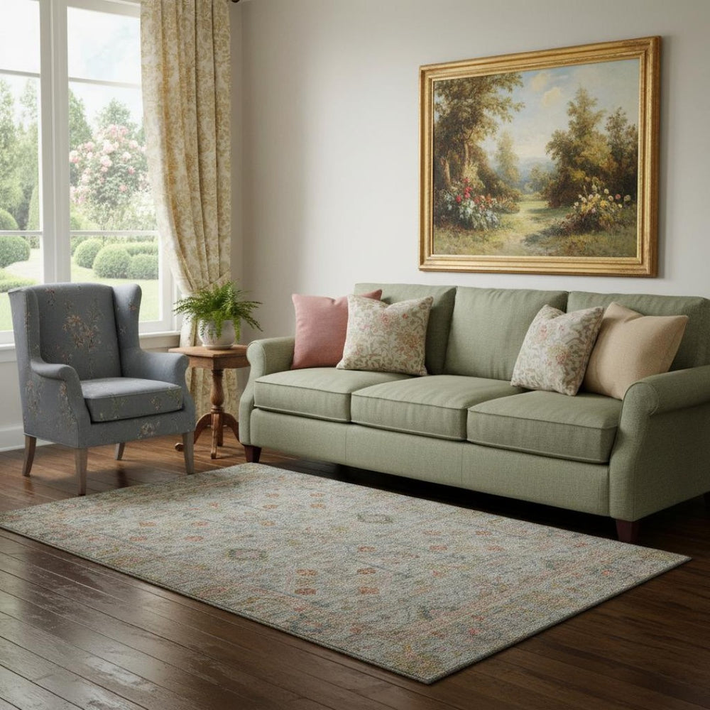 HomeRoots 5' X 8' Floral Area Rug in Taupe, Teal & Coral – Washable, UV-Protected, Durable for Kids & Pets! 686086