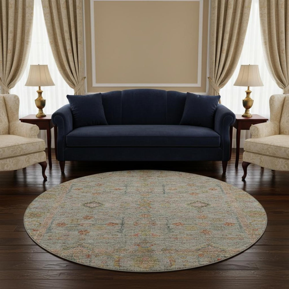 HomeRoots 8' Floral Washable Round Rug in Taupe, Teal & Coral – UV Protected, Perfect for High-Traffic Areas! 686087