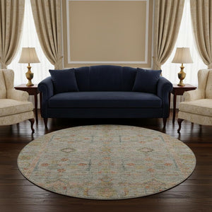 HomeRoots 8' Floral Washable Round Rug in Taupe, Teal & Coral – UV Protected, Perfect for High-Traffic Areas! 686087