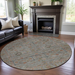 HomeRoots 8' Floral Washable Round Rug in Taupe, Teal & Coral – UV Protected, Perfect for High-Traffic Areas! 686087