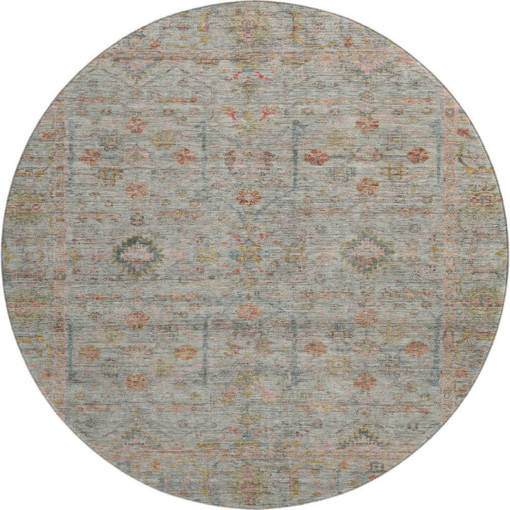 HomeRoots 8' Floral Washable Round Rug in Taupe, Teal & Coral – UV Protected, Perfect for High-Traffic Areas! 686087