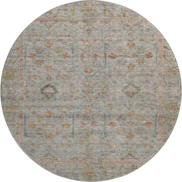 HomeRoots 8' Floral Washable Round Rug in Taupe, Teal & Coral – UV Protected, Perfect for High-Traffic Areas! 686087