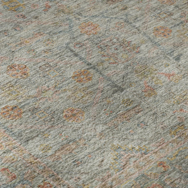HomeRoots 8' Floral Washable Round Rug in Taupe, Teal & Coral – UV Protected, Perfect for High-Traffic Areas! 686087