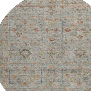 HomeRoots 8' Floral Washable Round Rug in Taupe, Teal & Coral – UV Protected, Perfect for High-Traffic Areas! 686087
