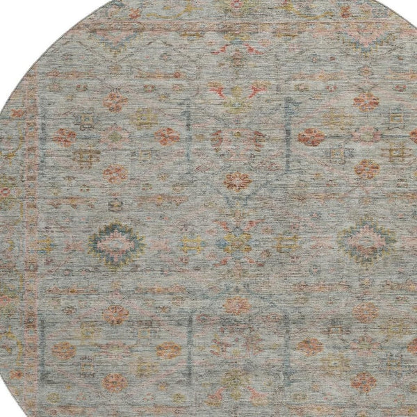 HomeRoots 8' Floral Washable Round Rug in Taupe, Teal & Coral – UV Protected, Perfect for High-Traffic Areas! 686087