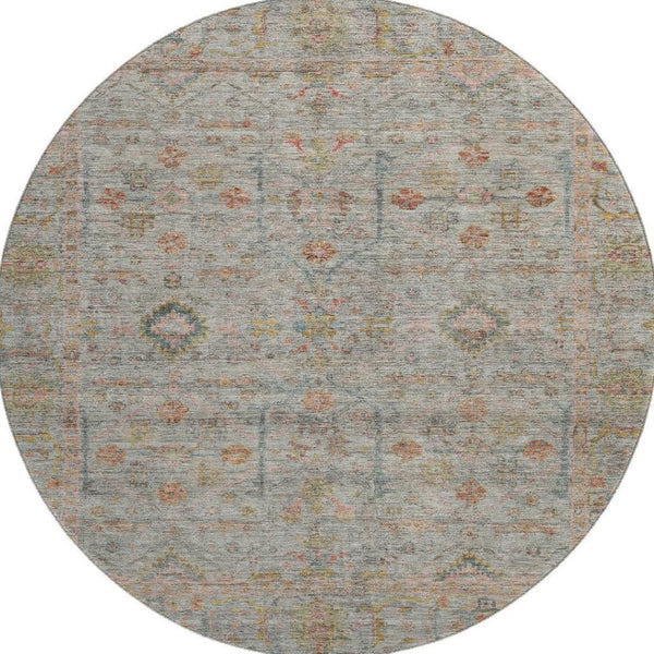 HomeRoots 8' Floral Washable Round Rug in Taupe, Teal & Coral – UV Protected, Perfect for High-Traffic Areas! 686087
