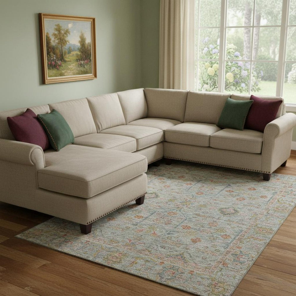 HomeRoots 8' X 10' Floral Area Rug in Taupe, Teal & Coral - Washable, UV-Protected, Durable for Family Spaces! 686088