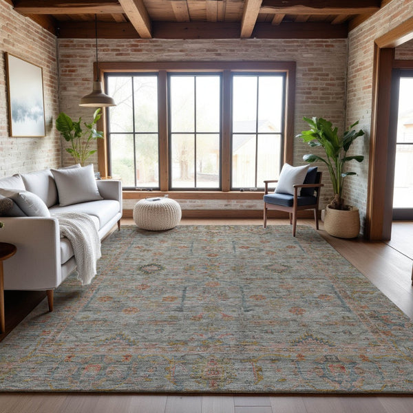 HomeRoots 10' X 14' Floral Washable Area Rug in Taupe, Teal & Coral - Durable, Stain-Resistant with UV Protection 686090