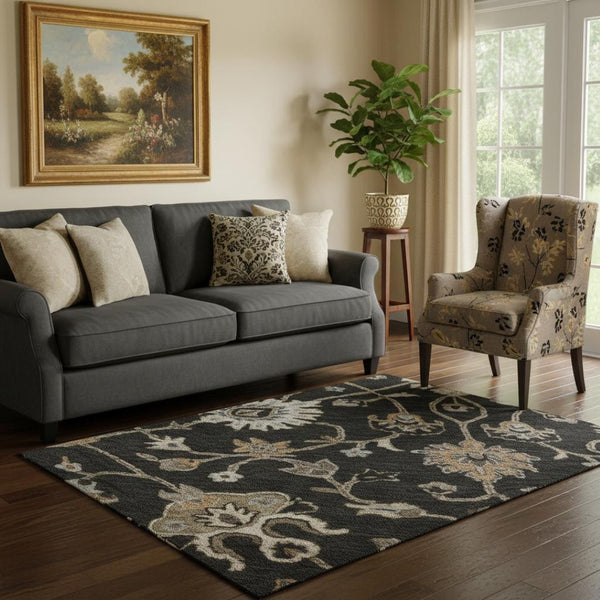 HomeRoots 5' X 8' Floral Area Rug in Black, Ivory & Beige - Washable, UV Protected, Stain Resistant Design! 686092
